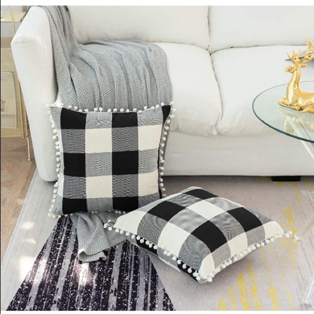 Classic Black/White Gingham Pompom Farmhouse Preppy Throw Pillow Cover Twin Set - Picture 5 of 10